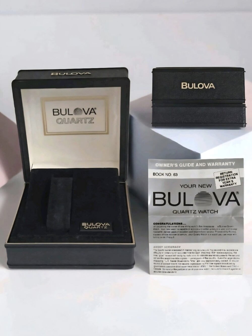 Vintage Bulova Quartz Watch Box Set - Book No. 63 & Blank Warranty -Arrow U.S.A